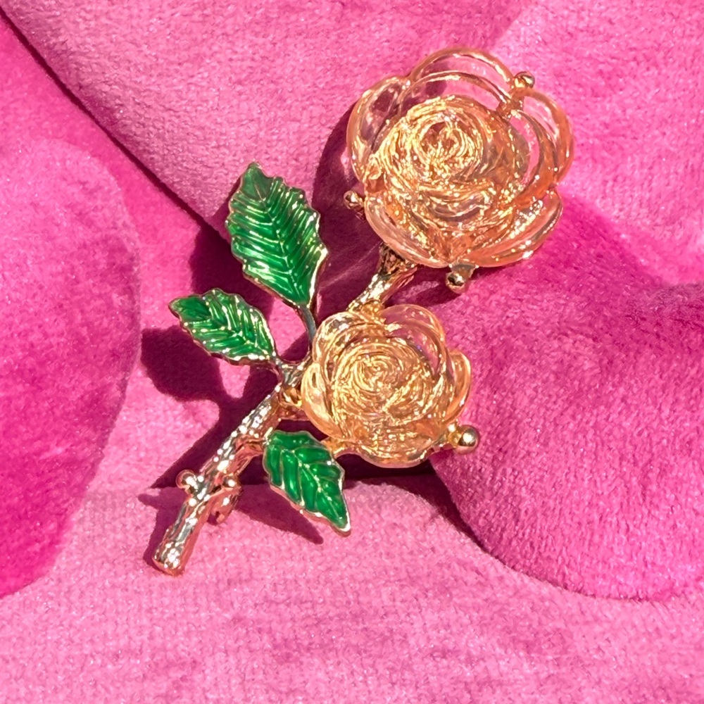 NWT! Pink Rose Elegant Gold and Green Floral Brooch